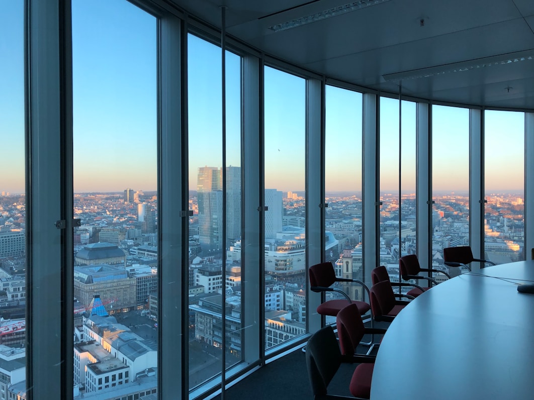 Meeting room with city skyline